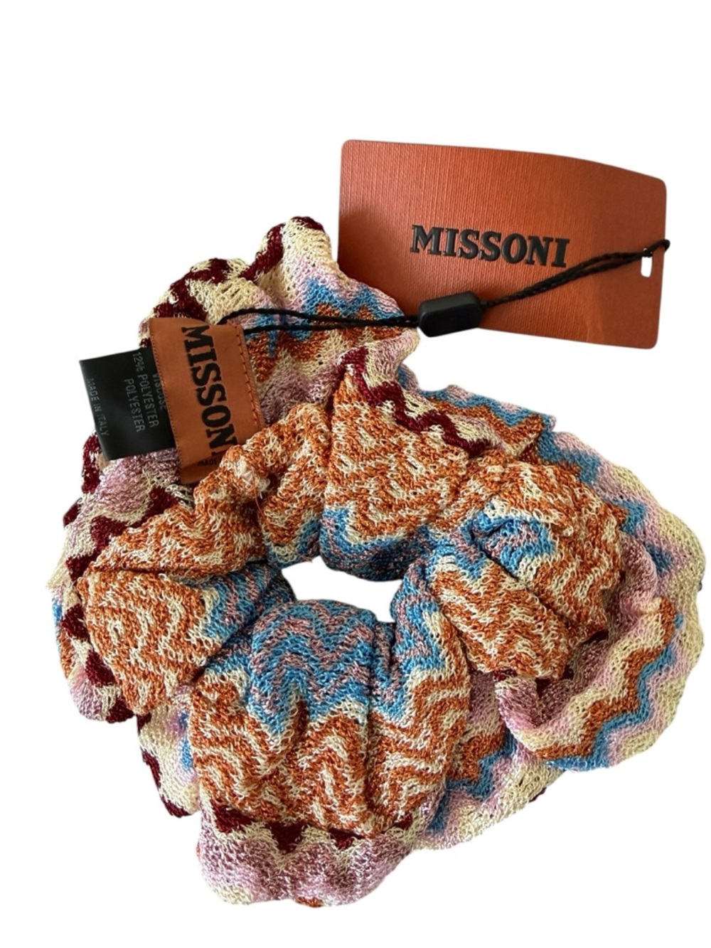 Missoni Multicolor Zigzag Knit Hair Scrunchie, Large - Orange, Blue, Pink. NWT